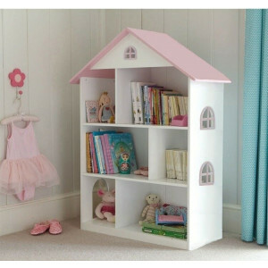 Witte Poppenhuis Boekenkast met Roze Dak – Stijlvolle Opbergruimte voor Kinderen